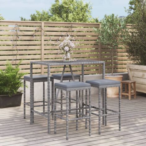 Set de 1 Table + 4 Tabourets de bar de jardin  Ensemble Table et Chaises avec coussins gris poly rotin 73546 (1/5)