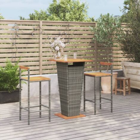 Ensemble Table de bar + 2 Chaises de bar de jardin - Table Haute avec 2 Tabourets gris poly rotin/bois massif acacia BV241986 - BonneVie (1/5)