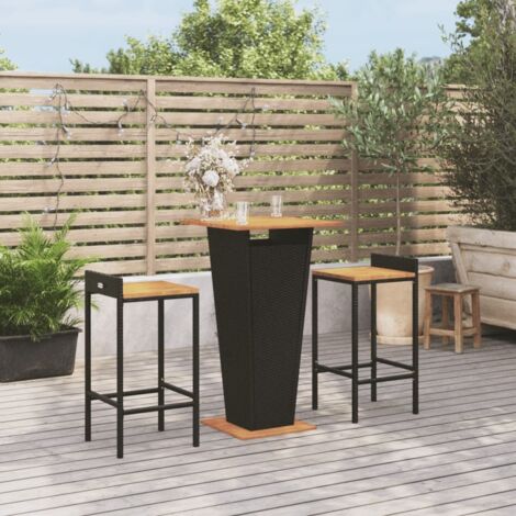 Ensemble Table de bar + 2 Chaises de bar de jardin - Table Haute avec 2 Tabourets noir poly rotin/bois massif acacia BV992260 - BonneVie (1/5)