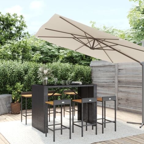 Ensemble Table de bar + 6 Chaises de bar de jardin - Table Haute avec 6 Tabourets noir poly rotin/bois massif acacia BV910942 - BonneVie (1/5)
