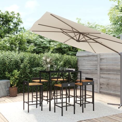 Set de 1 Table + 6 Tabourets de bar de jardin Ensemble Table et Chaises noir poly rotin/bois massif acacia 20499 (1/5)
