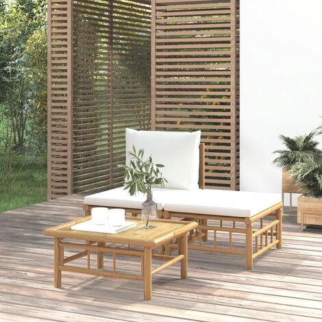 Salon de jardin 3 pcs - Ensemble Table et Chaise de Jardin - avec coussins blanc crème bambou BV628665 - BonneVie (1/5)