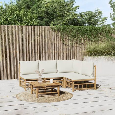 Salon de jardin 5 pcs - Ensemble Table et Chaise de Jardin - avec coussins blanc crème bambou BV873466 - BonneVie (1/5)