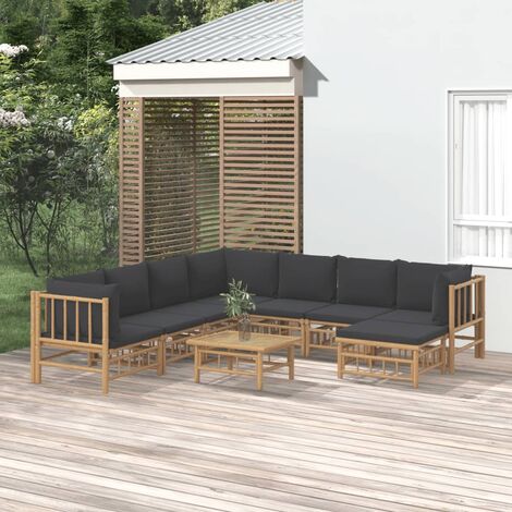Salon de jardin 9 pcs - Ensemble Table et Chaise de Jardin - avec coussins gris foncé bambou BV493749 - BonneVie (1/5)