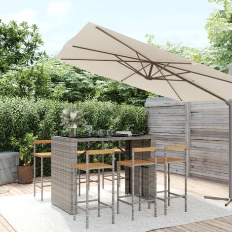 Ensemble Table de bar + 6 Chaises de bar de jardin - Table Haute avec 6 Tabourets gris poly rotin/bois massif acacia BV228828 - BonneVie (1/5)