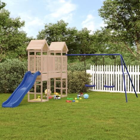Aire de Jeux Maisonnette de jeu avec toboggan balançoires - Maison de jeu - bois massif de pin BV863899 - BonneVie (1/5)