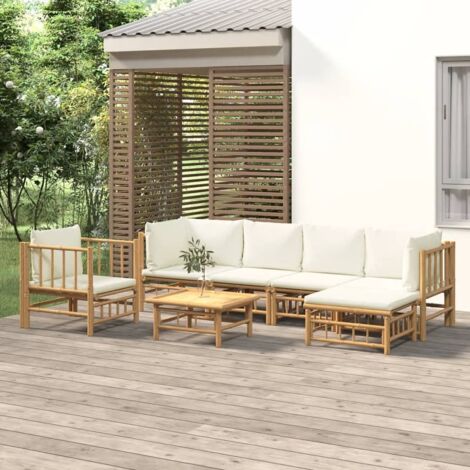 Salon de jardin 7 pcs - Ensemble Table et Chaise de Jardin - avec coussins blanc crème bambou BV880519 - BonneVie (1/5)