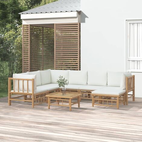 Salon de jardin 8 pcs - Ensemble Table et Chaise de Jardin - avec coussins blanc crème bambou BV551546 - BonneVie (1/5)