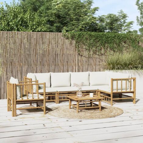 Salon de jardin 7 pcs - Ensemble Table et Chaise de Jardin - avec coussins blanc crème bambou BV606916 - BonneVie (1/5)