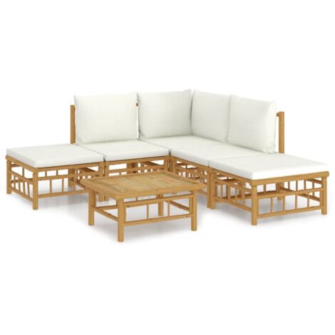 Salon de jardin 6 pcs - Ensemble Table et Chaise de Jardin - avec coussins blanc crème bambou BV945013 - BonneVie (1/5)