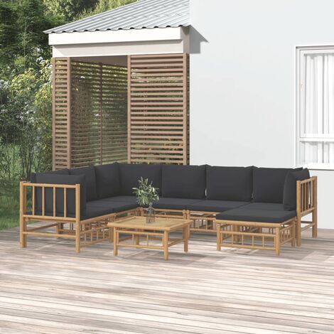 Salon de jardin 8 pcs - Ensemble Table et Chaise de Jardin - avec coussins gris foncé bambou BV616885 - BonneVie (1/5)