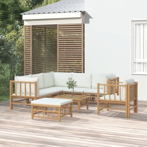 Salon de jardin 8 pcs - Ensemble Table et Chaise de Jardin - avec coussins blanc crème bambou BV293482 - BonneVie (1/5)