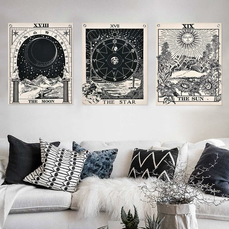 Tapisserie Tarot, ensemble de tapisserie lune, étoiles et soleil,  tapisserie psychédélique décoration murale, Noir et blanc, 3 pièces 40 x 50  cm