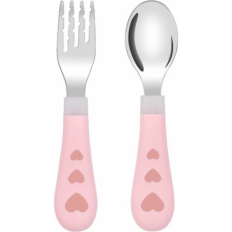 Set de 3 couverts cuillère, fourchette et couteau silicone rose