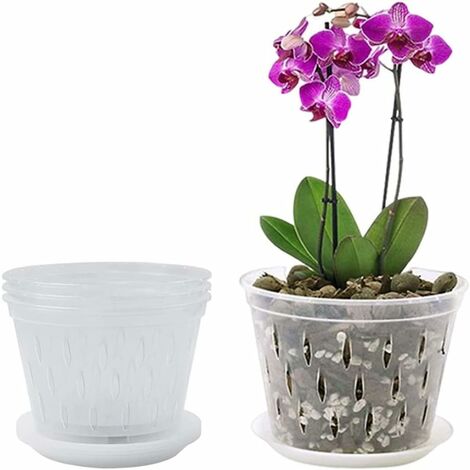 Pot d'orchidée, pot de pépinière, pot d'orchidée en plastique transparent  avec trou de drainage et plateau orchidée 5 pièces