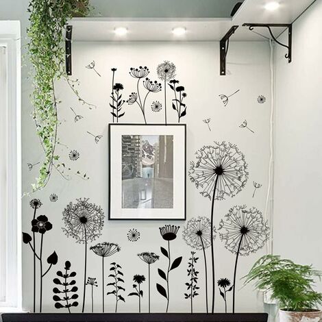 Pissenlit Flying Flower Wall stickers, grand stickers muraux fleurs noires  décoration murale chambre