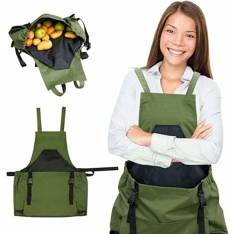 Tablier de jardinage avec poches en toile pour homme et femme - Réglable -  Imperméable - Vert - Pour récolter des fruits, des légumes, l'entretien de