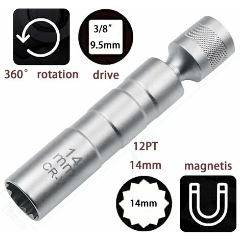 14mm Universal Joint clé à bougie magnétique à paroi mince 12 points 3 / 8  pouces Cr 