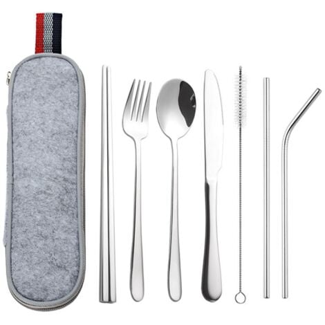 Ensemble de couverts de voyage portables avec étui, fourchette en acier  inoxydable, cuillère, couteau, ensembles de