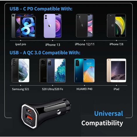 Chargeur de voiture USB C allume-cigare adaptateur prise chargeur rapide de  voiture PD20W 3.0 double port charge rapide, pour iPhone 13/12/11, iPad,  AirPods, Pixel 6/6Pro Samsung Galaxy S22, Note 20 Ultra (Blanc)