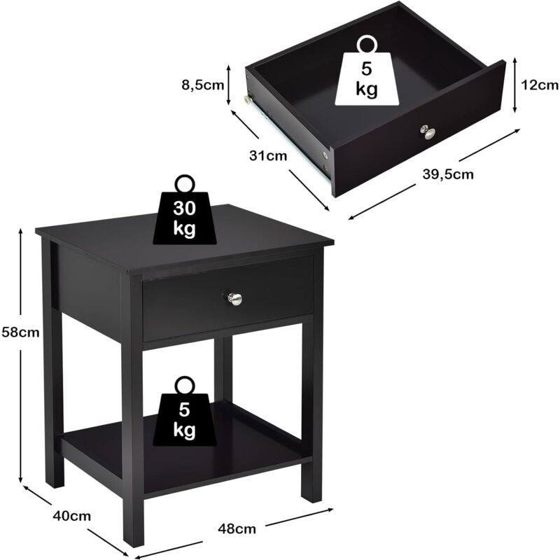 RELAX4LIFE Comodino Camera da Letto, Tavolino in Legno con Cassetto e  Ripiano, Mobiletto Salvaspazio per Soggiorno, 48 x 40 x 58 cm (Nero, 1  Pezzo)