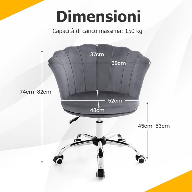 HOMASIS Sedia Da Ufficio Ergonomica Girevole Con Ruote - Grigia, Regolabile In Altezza, Portata 150kg - 5