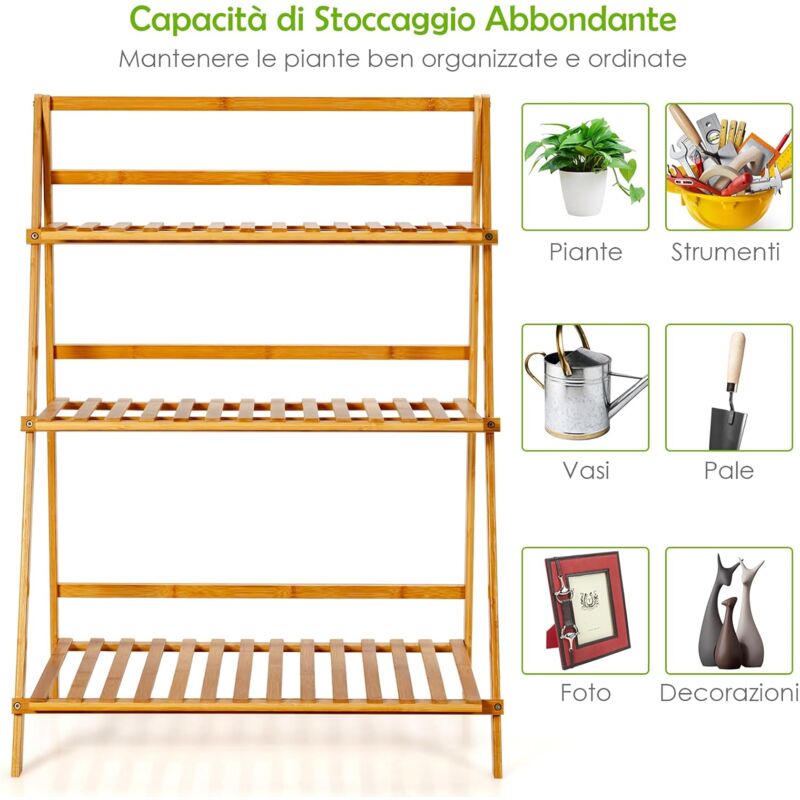 MoNiBloom Scaffale Pieghevole A Scala In Bambù - 4 Ripiani Per Piante, Fiori, Libri - Per Interni/Esterni, Balcone, Giardino, Marrone - 4