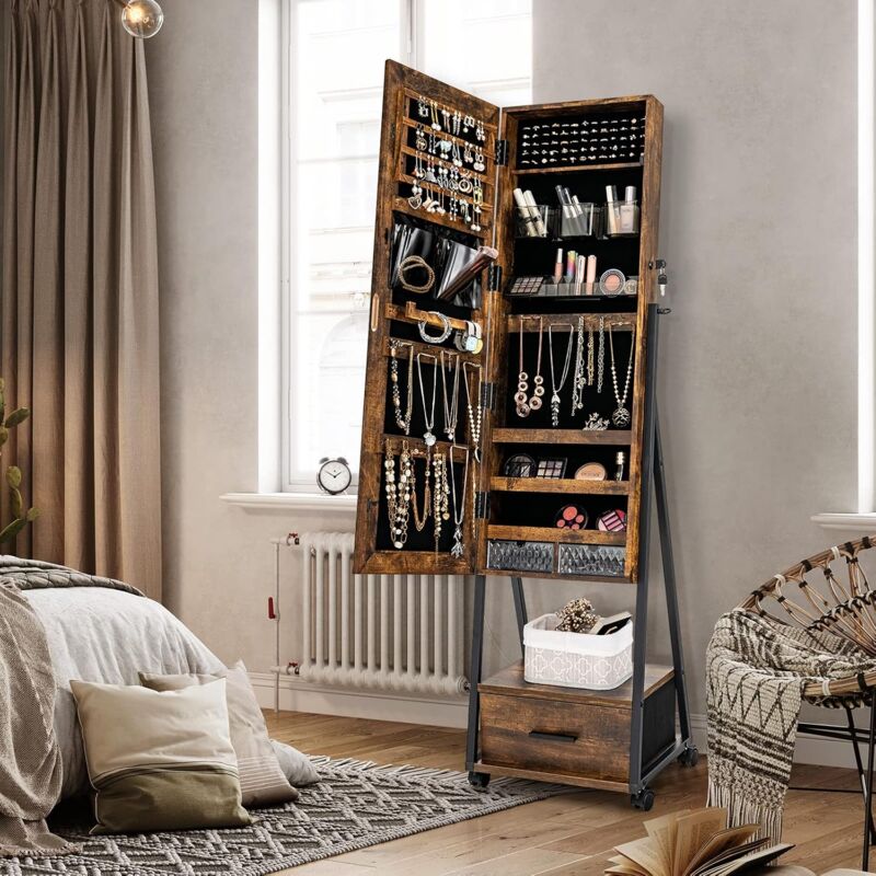 Armadietto Portagioie Con Specchio A Figura Intera RELAX4LIFE | Bianco | 85 Scomparti E 4 Inclinazioni