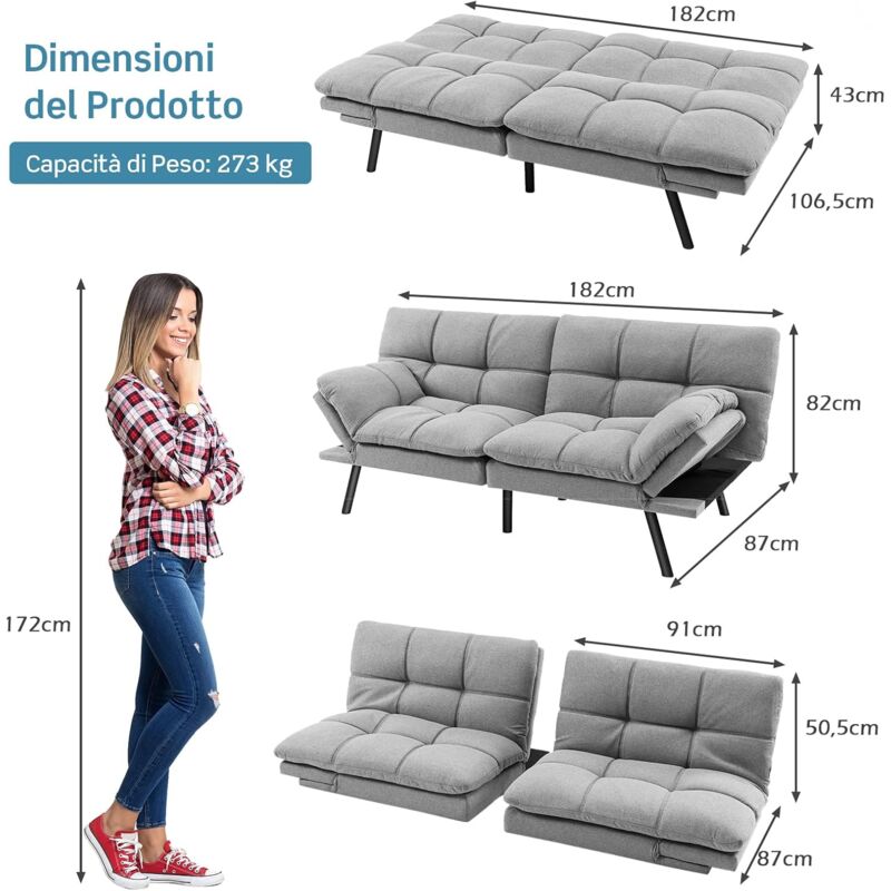Divano Letto Pieghevole 4 In 1 Memory Foam Con Cuscino - Moderno, Trasformabile, Per Piccoli Spazi E Ospiti (Grigio Scuro) - 4
