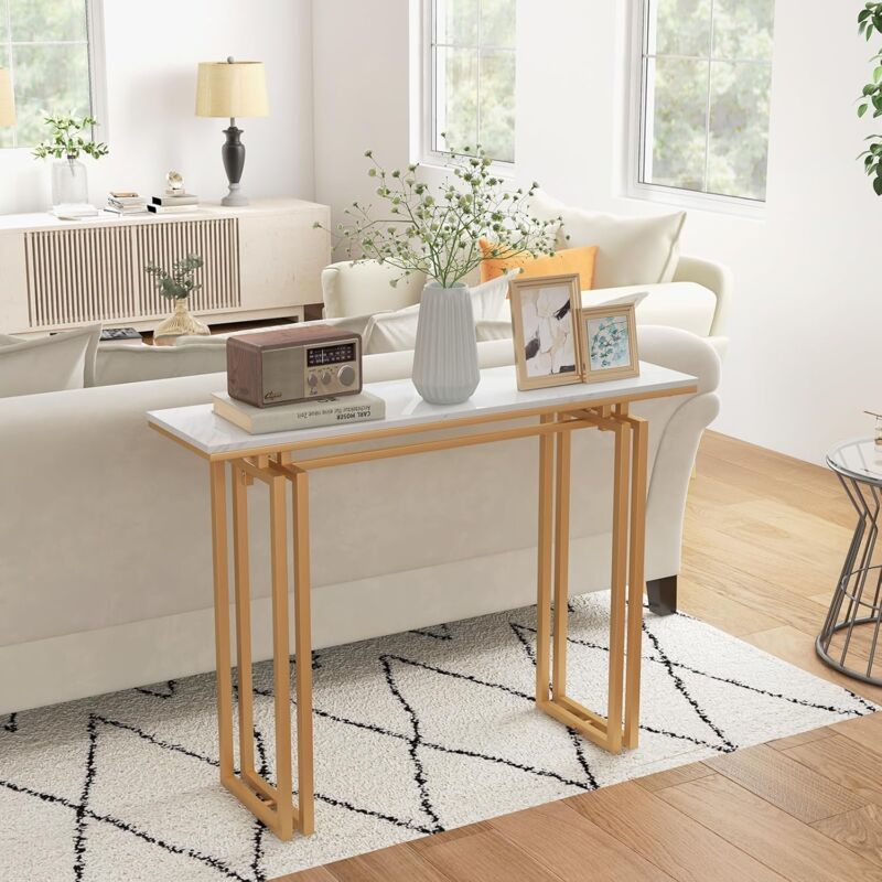 Tavolo Consolle URBNLIVING In Metallo E Legno – Design A Cascata, Piano In Finto Marmo Bianco, 77x107x36 Cm, Per Ingresso E Soggiorno