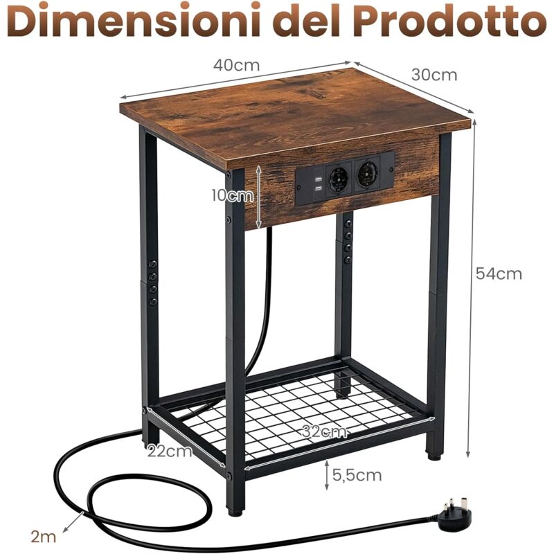 Tavolini SOOWERY Con Stazione Di Ricarica USB E Prese - Set Da 2, Comodini Stretti Per Camera Da Letto, Marrone Rustico