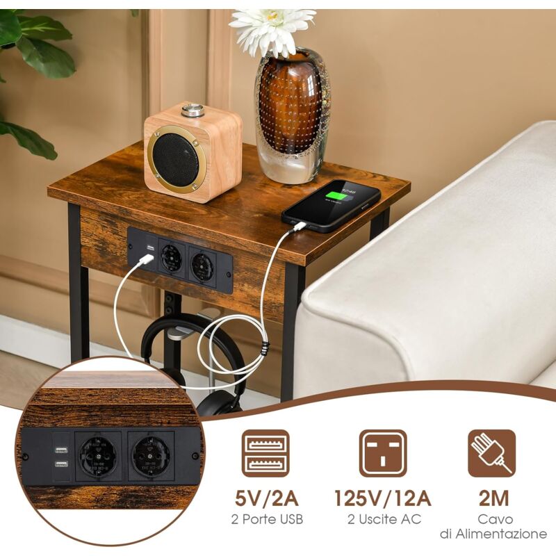 RELAX4LIFE Comodino con Stazione di Ricarica USB, 3 Prese e 2 Cassetti
