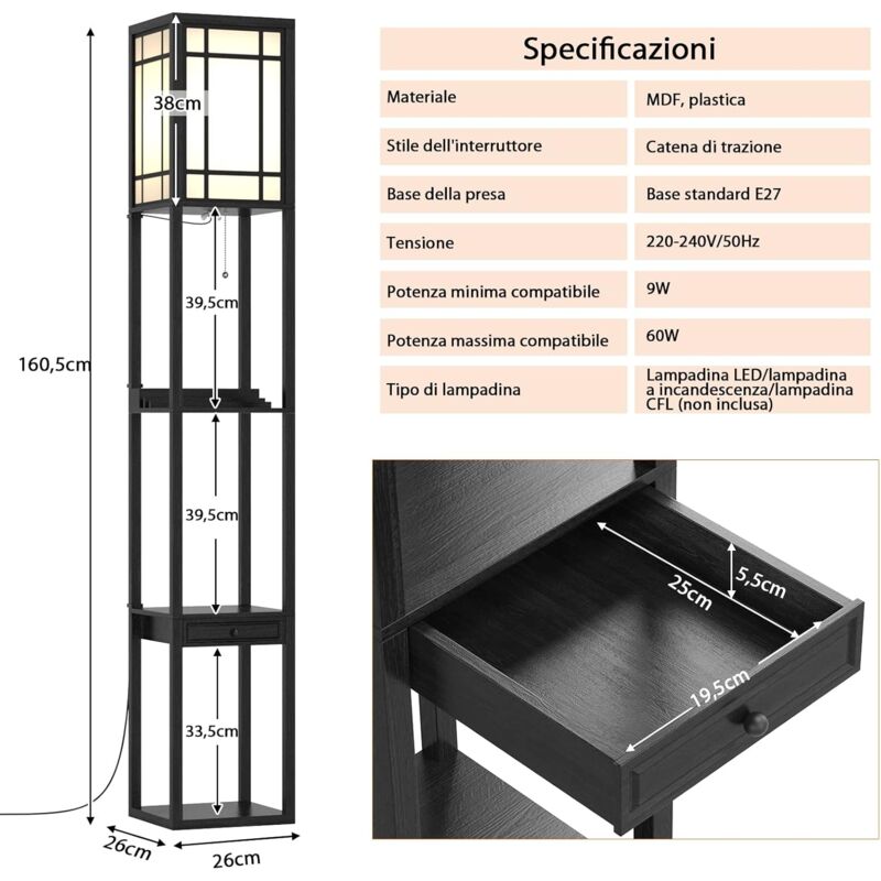 RELAX4LIFE Lampada da Terra con Base di Tavolino, Tavolino Portaoggetti a 2  Ripiani, Ricarica Cellulare con