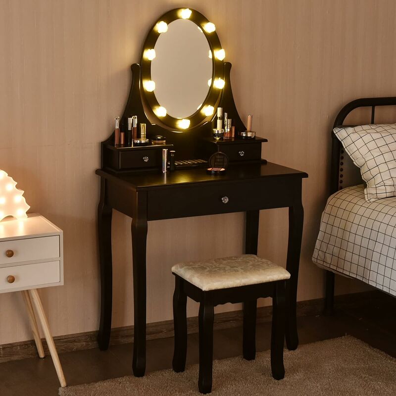 Costway Set toeletta di legno con specchio ovale girevole a 360°, Set  tavolo e sedia trucco per camera da letto Nero