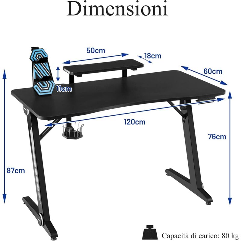 RELAX4LIFE Scrivania da Gaming con LED RGB, Superficie in Fibra di Carbonio  con Ripiano Portamonitor, Sistemazione di Ciabatta e Cavi, Scrivania  Professionale per Giochi con Supporto PlayStation