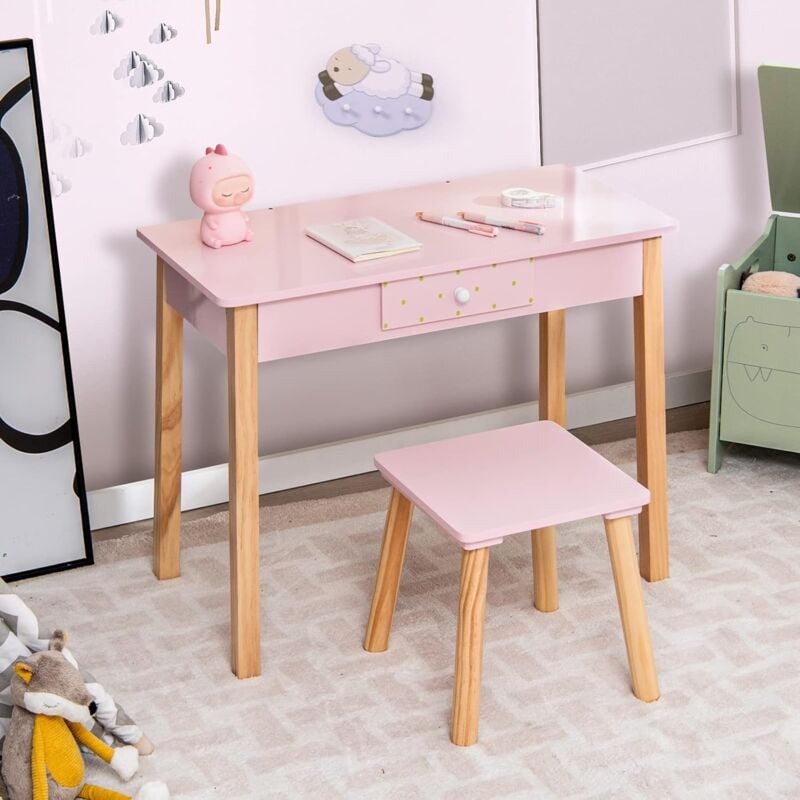 RELAX4LIFE 2 in 1 Toeletta Trucco in Legno per Bambina, Centro di Bellezza,  Set Tavolo da Trucco con Specchio Rimovibile, Ideale per Bambini dai 3 ai 7  Anni