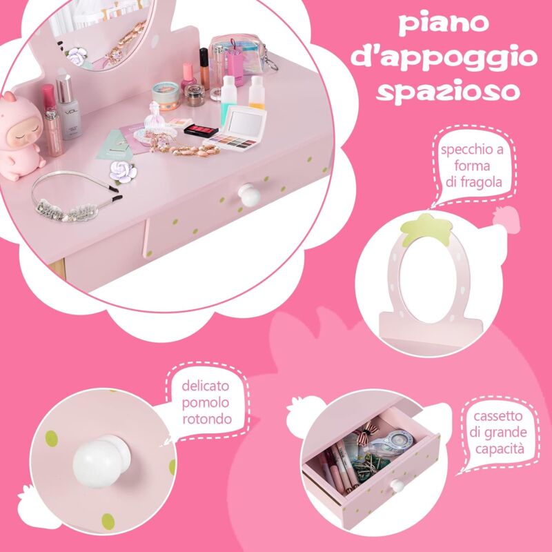 RELAX4LIFE Toeletta Trucco per Bambini, Set Tavolo da Trucco con Specchio e  Sgabello, Gioco di Bellezza, Set di Vanità per Bambini da 3 a 7 anni