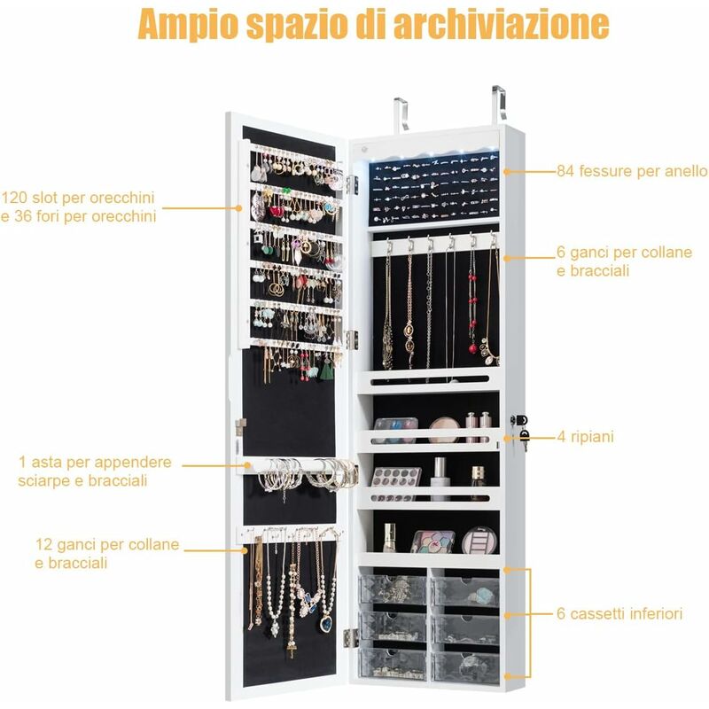 Armadietto Portagioie Con Specchio A Figura Intera RELAX4LIFE | Bianco | 85 Scomparti E 4 Inclinazioni - Foto 10