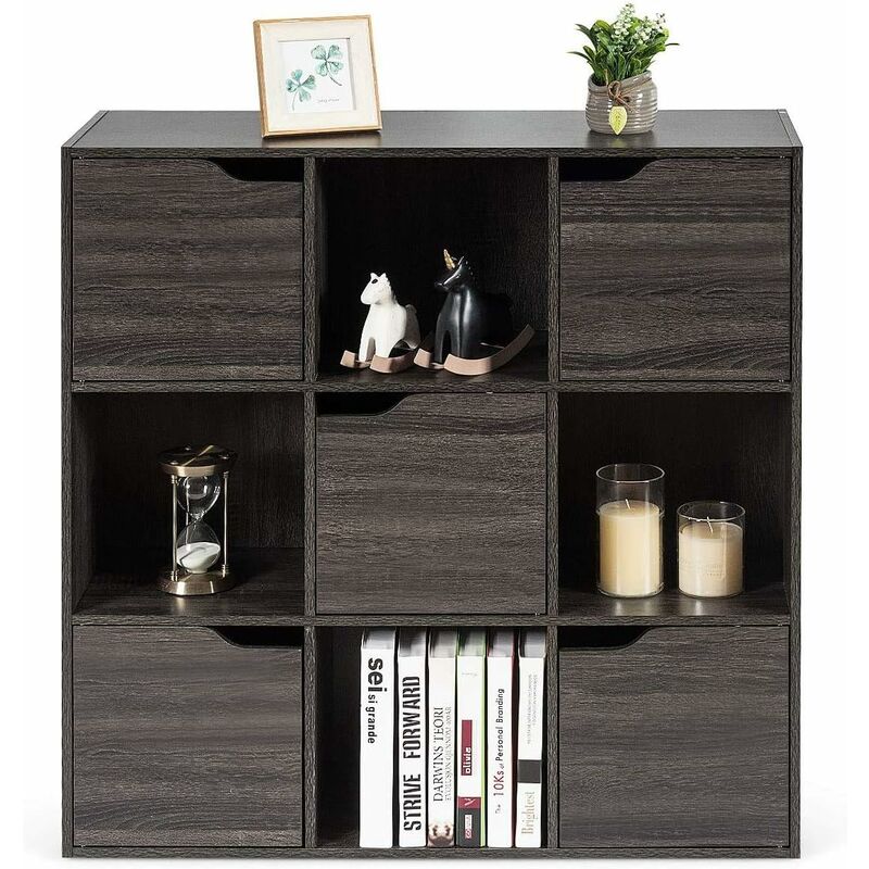 RELAX4LIFE Libreria a 9 Cubi con 5 Ante, Scaffale Espositore in Legno per  Decorazioni, Armadio Credenza Moderna a 3 Ripiani, 90 x 29 x 90 cm (Grigio)