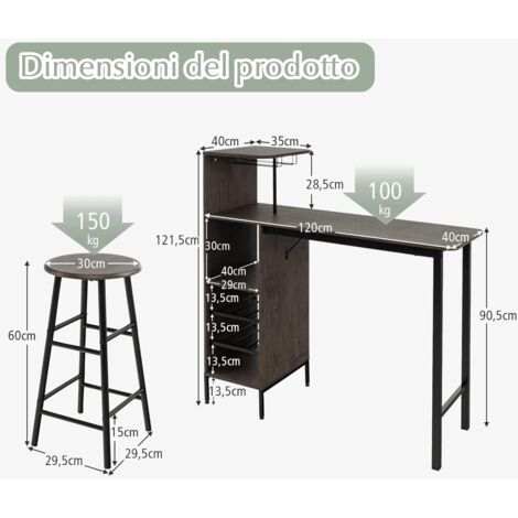 Set Tavolo Con 2 Sedie E Portabottiglie - Legno E Metallo, 120x40x121.5 Cm | Per Cucina, Balcone O Soggiorno - Foto 3