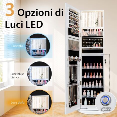Specchio Portagioie Con Luci LED RELAX4LIFE - Armadietto Con Cassetti E Ruote, Bianco