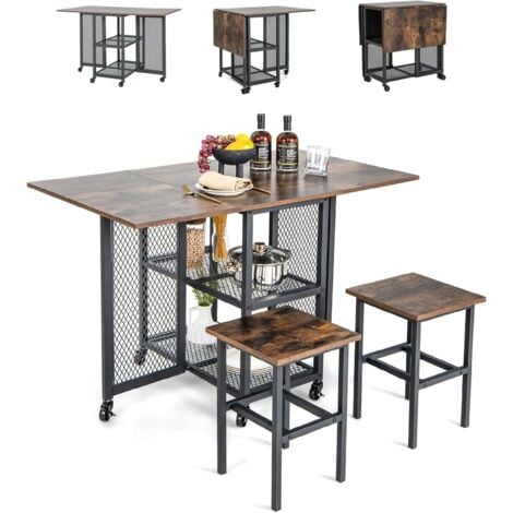 RELAX4LIFE Tavolo da Pranzo Allungabile con Ruote, Tavolo da Incasso e Set di Sedie con Piano Ribaltabile, 2 Ripiani Portaoggetti, Tavolo con Ruote con Struttura in Metallo per Piccoli Spazi