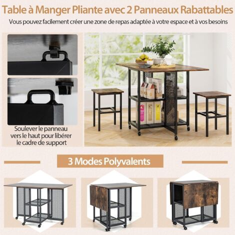 RELAX4LIFE Tavolo da Pranzo Allungabile con Ruote, Tavolo da Incasso e Set di Sedie con Piano Ribaltabile, 2 Ripiani Portaoggetti, Tavolo con Ruote con Struttura in Metallo per Piccoli Spazi