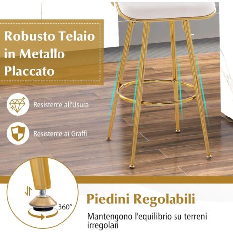 Set Di 2 Sgabelli Da Bar In Velluto Beige Con Schienale A Botte E Poggiapiedi Dorato - Altezza 65 Cm, Portata 136 Kg - Per Isole Cucina E Banconi