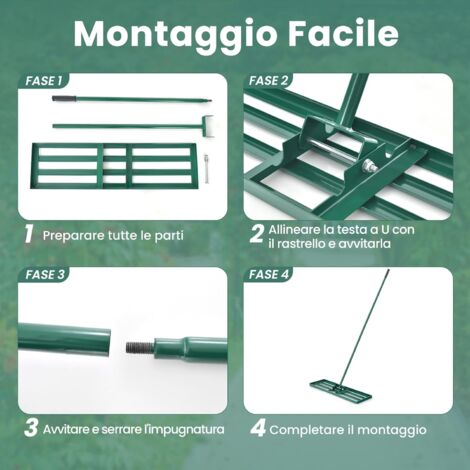Rastrello Da Giardino In Acciaio Inox Con Manico Regolabile | Testa Larga 43,2 Cm Con 17 Denti | Per Terreno, Foglie E Prato
