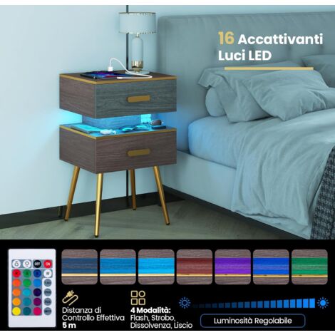 Comodino Aienvey Con Stazione Di Ricarica USB E Luci LED, Moderno Con Cassetto, Tavolino Da Notte Per Camera Da Letto, Soggiorno, Nero