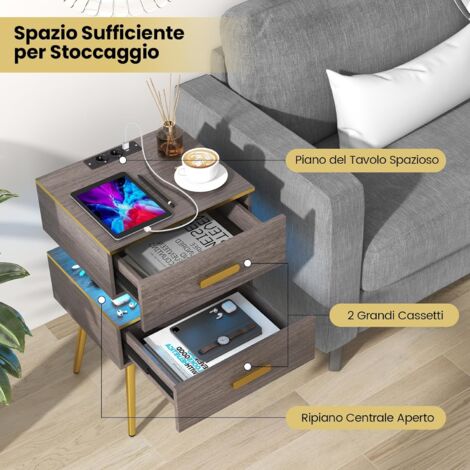 Comodino Moderno Con Stazione Di Ricarica E Luci LED - Tavolino Con Cassetto Per Camera Da Letto, Nero - 4