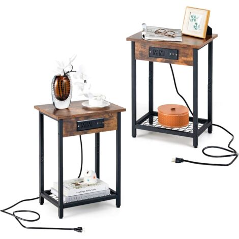 RELAX4LIFE Set di 2 Comodini con Stazione di Ricarica, Tavolino Stretto con 2 Porte USB e 2 Prese di Corrente, Telaio in Metallo, Mobiletto