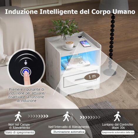 Lvifur Comodino a LED con stazione di ricarica wireless, comodino con sensore automatico, comodino con 2 cassetti e porta di ricarica USB/Type-C per soggiorno e camera da letto Bianco