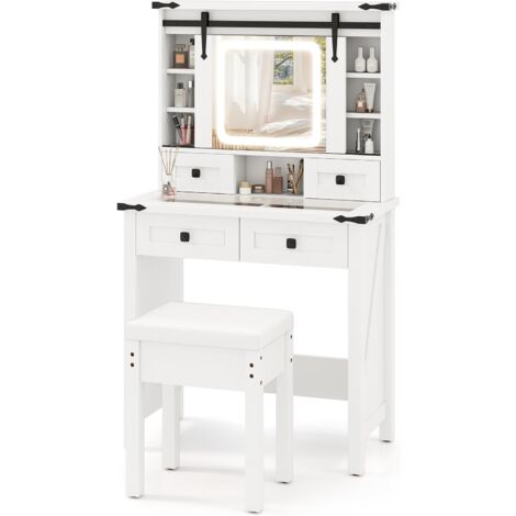 GarveeHome Scrivania Trucco Con Specchio E Luci LED 3 Colori, Bianco, Con Cassetti Visibili, Stazione Di Ricarica USB E Prese, Sgabello Incluso
